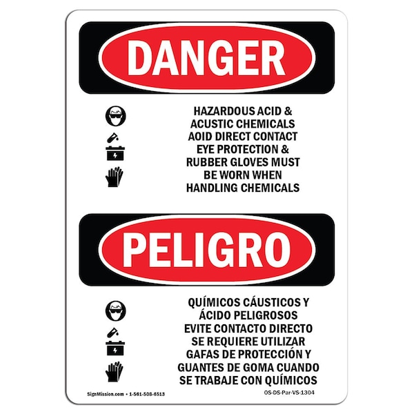 OSHA Sign, Acid Rubber Gloves Chemical Bilingual, 14in X 10in Alum, 10" W, 14" H, Spanish